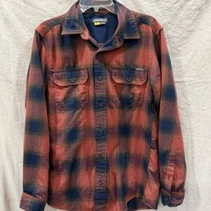 Eddie Bauer Navy/Orange/Brown Plaid Long Sleeve Button down Men’s Shirt Small